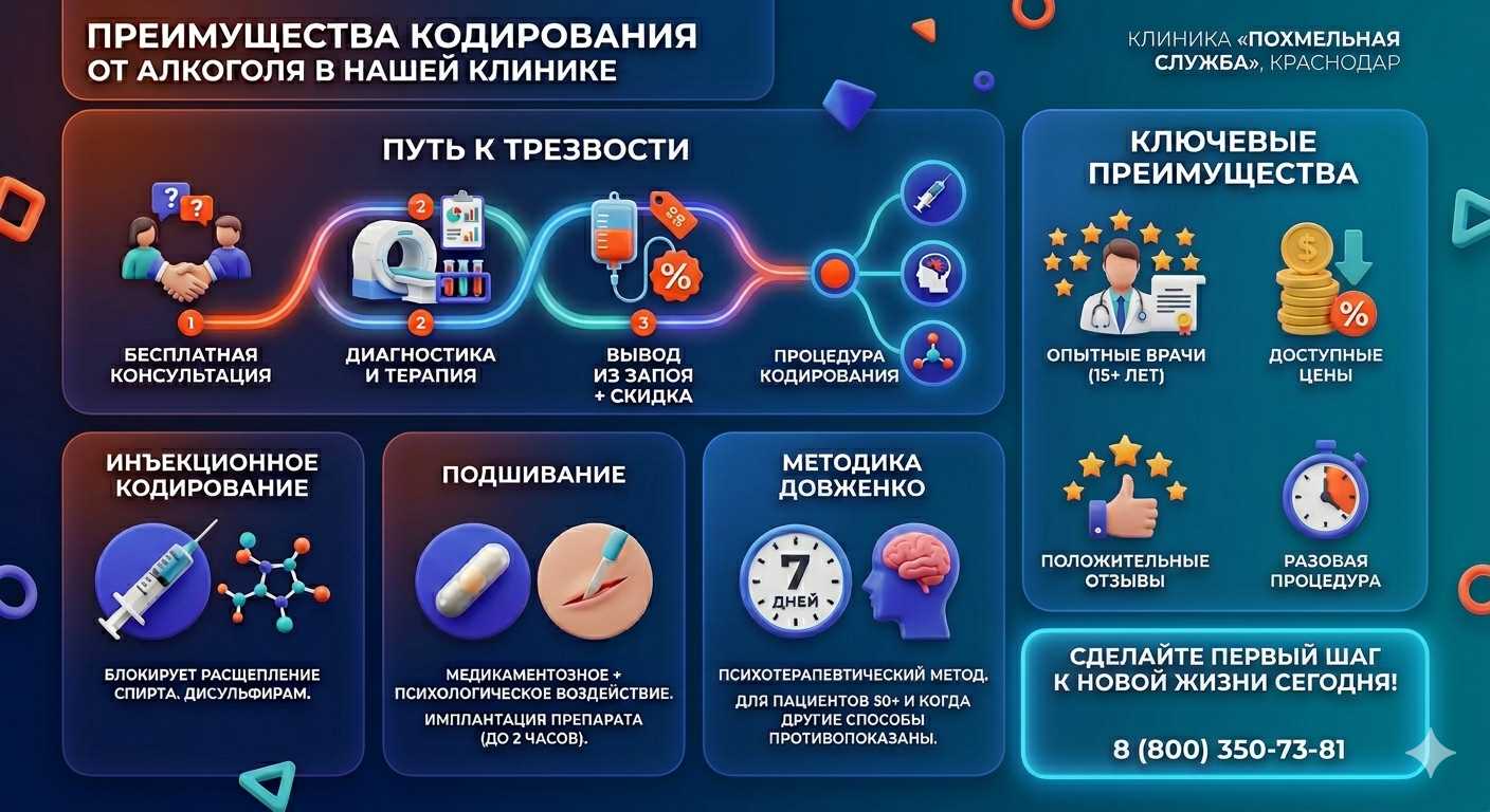 Инфографика о методах кодирования от алкоголя в Электрогорске: инъекции, подшивание, метод Довженко. Преимущества клиники и этапы лечения.
